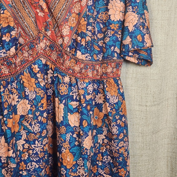 BLOOMCHIC Floral Maxi Dress Women's XL V Neck Smocked Waist Orange Blue Pockets - Picture 3 of 11